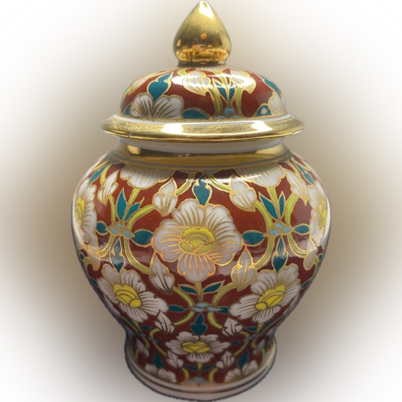 Ginger Jar & Lid Vintage Cloisonné Style Red Gold Painted Floral Gilt Trinket - Picture 3 of 9